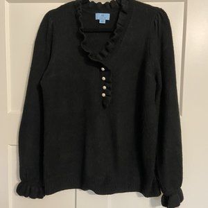 CeCe Ruffle Trim V-Neck Sweater - Black - Size M
